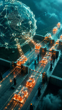 Glowing Model Modules Cross Guarded Checkpoints Around a Glass Globe