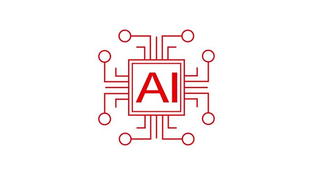Minimal red AI processor chip outline icon with animated circuit paths on white background, modern 4K motion graphic.