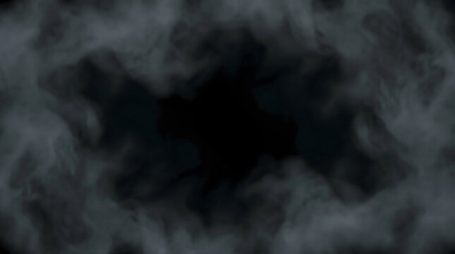 Dramatic swirl of thick gray smoke forming a mystical circular frame over black background