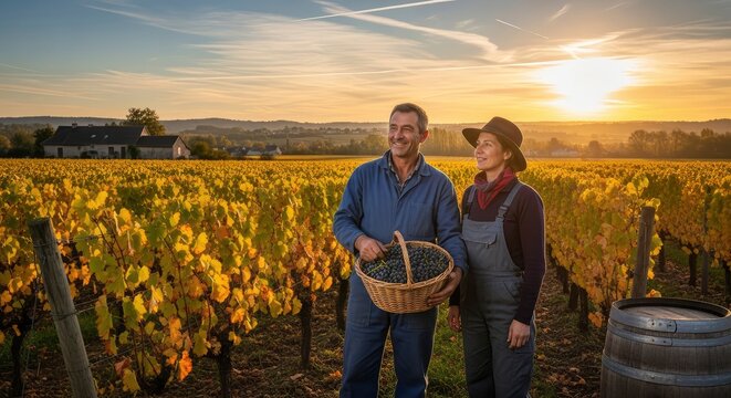 Happy Couple of Farmers Harvesting Red Grapes in a Sun-Drenched Autumn Vineyard at Sunset
