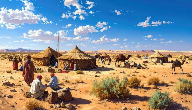 Desert Nomads Gathering Around Tents in Sunny Sahel Camp