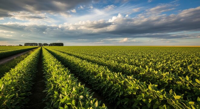 Vast Green Soybean Field under a Dramatic Cloudy Sky at Sunset