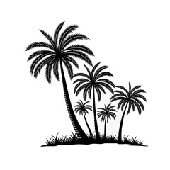 Fototapeta premium Tropical Palm Tree Silhouettes on a Paradise Beach at Sunset with Ocean, Island, Coconut Palms and Golden Sky Summer Vacation Landscape Illustration