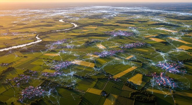 Aerial view of a smart rural landscape with digital network overlay connecting villages and farmland at sunset