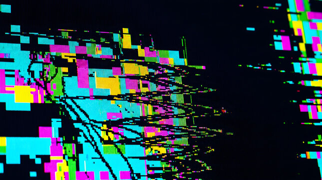 Vibrant pixelated glitch effect on dark screen representing digital data corruption