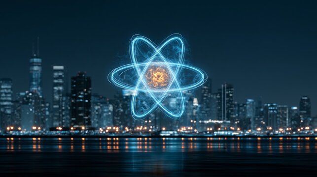 Conceptual illustration of a glowing atom above a modern city skyline, symbolizing clean nuclear energy, sustainable power and a futuristic urban future