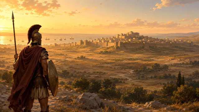 Greek warrior spear shield overlooking ancient city ships sunrise