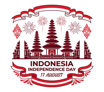 Traditional Balinese candi temple monument with ribbon ornament for Indonesia independence day vector badge