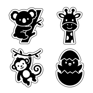 Cute Baby Koala, Giraffe, Monkey and Chick Black Vector Sticker Set with White Die-Cut Outline