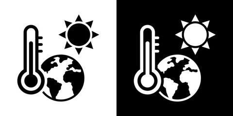 Naklejka na ściany i meble Global warming icon with thermometer, sun, and Earth map vector graphic. Set of black and white line icons representing hot weather, summer heat, and climate change.