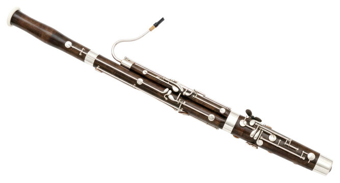 Professional Wooden Bassoon with Silver Keys Isolated on White