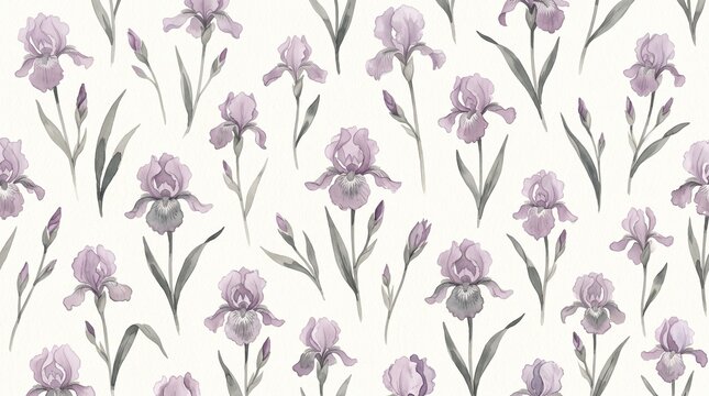 Elegant watercolor iris flower seamless pattern, delicate purple floral design, botanical illustration for textile, wallpaper, and fabric.