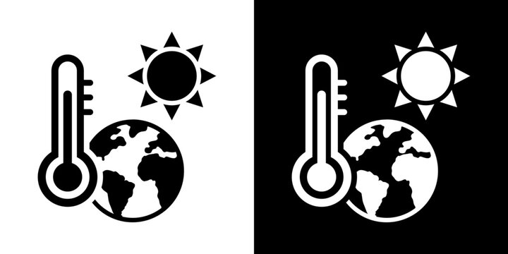 Global warming icon with thermometer, sun, and Earth map vector graphic. Set of black and white line icons representing hot weather, summer heat, and climate change.