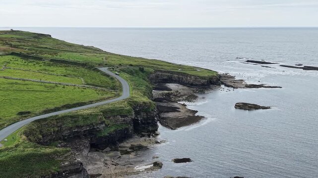Dramatic aerial drone shot of Mullaghmore Head peninsula and Atlantic Ocean in Sligo, Ireland.