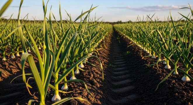 Rows of young organic garlic plants growing in fertile soil on an agricultural farm at sunset