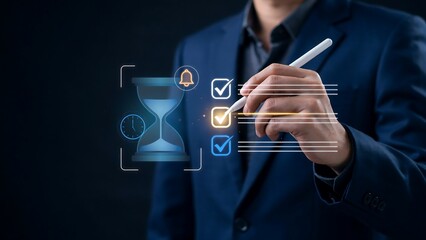 Obraz premium Professional Businessman Using Digital Stylus To Manage Tasks and Time Efficiency in a Modern Corporate Work Environment