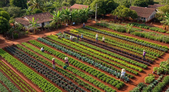 High-angle view of farmers working in vibrant vegetable rows on a rural farm with red fertile soil