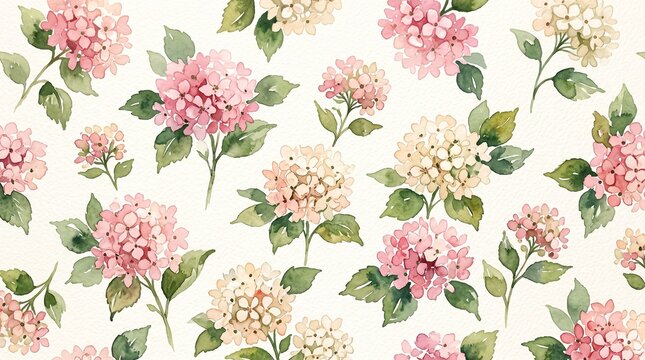 Delicate watercolor hydrangea floral pattern, a seamless botanical illustration with soft pink and cream blossoms, perfect for elegant textile designs and wedding invitations.