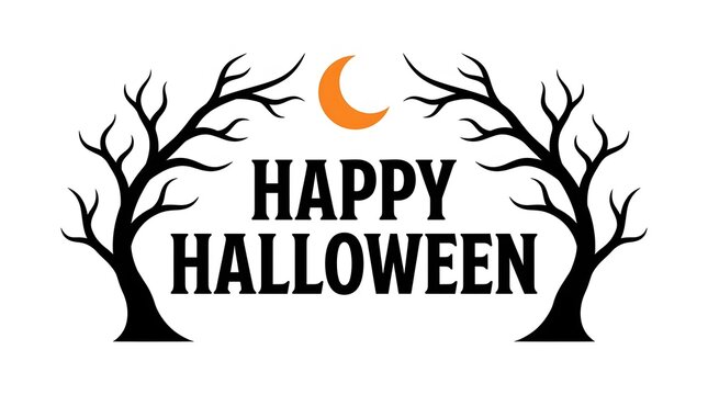 Spooky happy halloween typography design featuring dark bare trees and a glowing crescent moon on white background