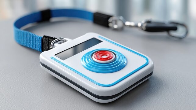 Personal Emergency Device: A compact emergency alert device with a prominent red button, attached to a blue lanyard and keychain, ready for immediate use.