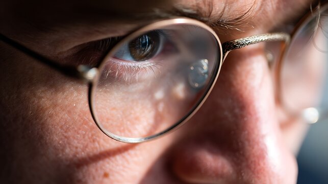 A close-up of a person's eye wearing glasses, with a detailed view of the eye's reflection in the glasses.