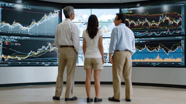 Financial Analysts at Work: A trio of financial professionals stands before a wall of monitors displaying complex stock market graphs, engrossed in analysis and decision-making.