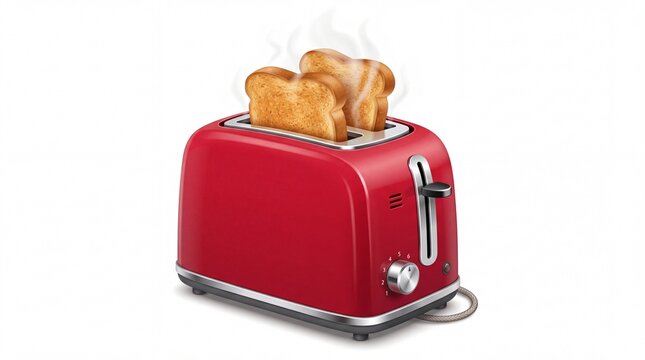 Bright red electric toaster heating two crispy slices of fresh golden bread on white background