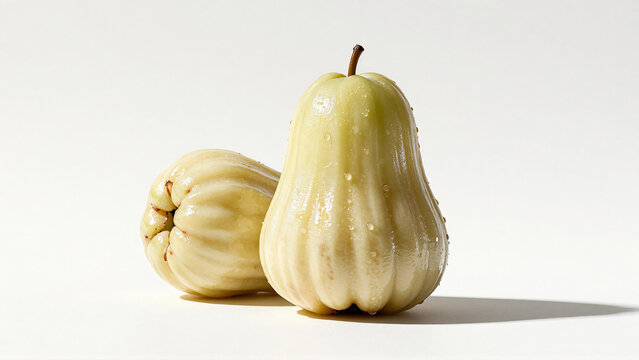Two Fresh Pale Wax Apples with Dewdrops on a Clean White Background, Ready to Eat