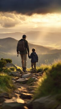 A serene sunset illuminating a father and son walking on a rocky trail surrounded by nature