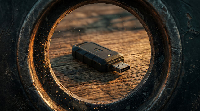 Rugged black USB flash drive on weathered wood framed by a rusty metal circle