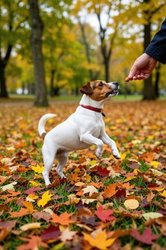 Small Jack Russell Terrier jumps to catch treat from owner hand in autumn park. Cute puppy plays outdoor among colorful fallen leaves on grass ground. Happy dog looks excited during training session