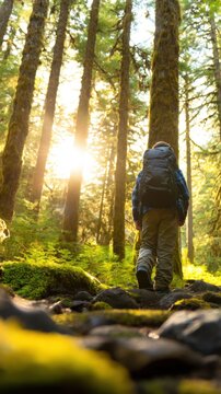 A person walks through a sunlit forest, surrounded by tall trees, moss, and rocky terrain