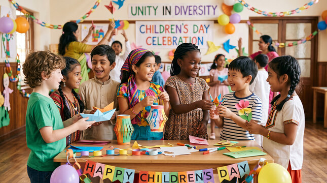 Children from different cultures exchanging handmade paper gifts during a Children's Day celebration, diverse representation, warm friendship, simple festive environment