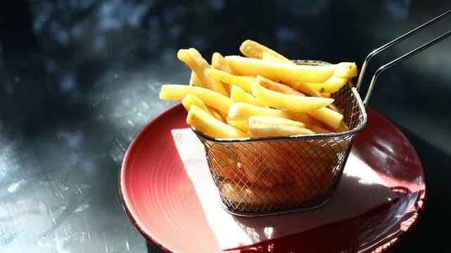 Freshly cooked French fries served on a vibrant red plate, perfect for casual dining or snack time