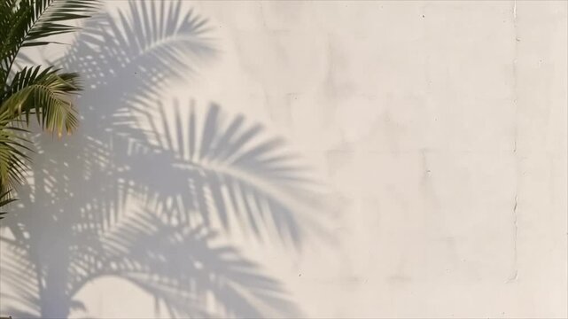 Soft palm leaf shadows move across a clean white wall in a bright minimal seamless background.
