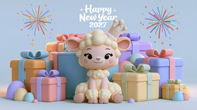 Cute 3D Lamb With Gifts Happy New Year 2027 Illustration
