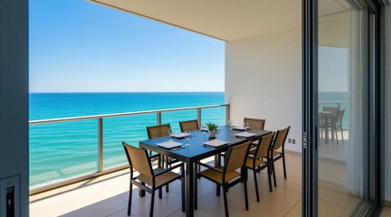 Fototapeta premium Modern apartment terrace balcony dining table with chairs overlooking blue sea ocean. Sunny summer day outdoors features clear sky view. Luxury home architecture offers relax space for alfresco