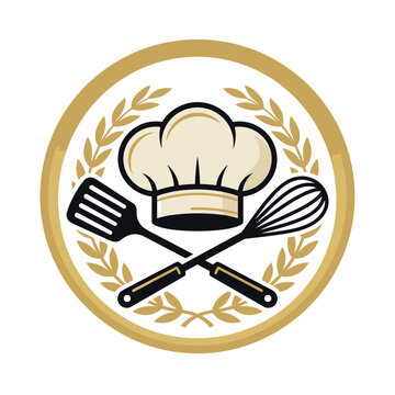 Chef hat with crossed spatula and whisk.