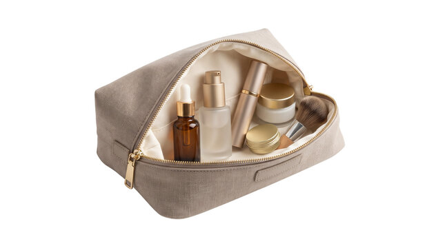Elegant beige cosmetic bag with luxury skincare products, open makeup pouch with beauty accessories, travel toiletry kit isolated PNG with Transparent Background