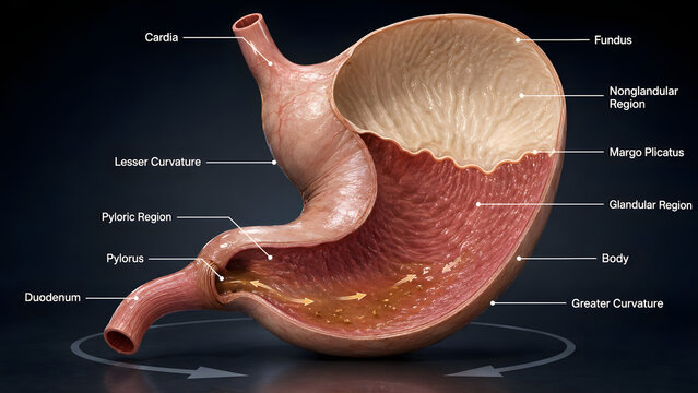 Educational anatomical cross section diagram displaying internal structure and regions of equine stomach anatomy with anatomical directional flow