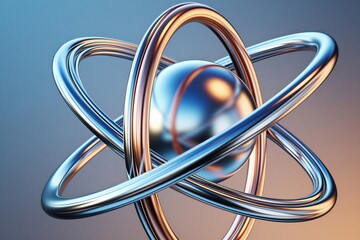 Naklejka na ściany i meble Shiny metallic orb central element with orbiting rings. Abstract sphere shape, futuristic structure, modern digital art. Science, tech, innovation background.