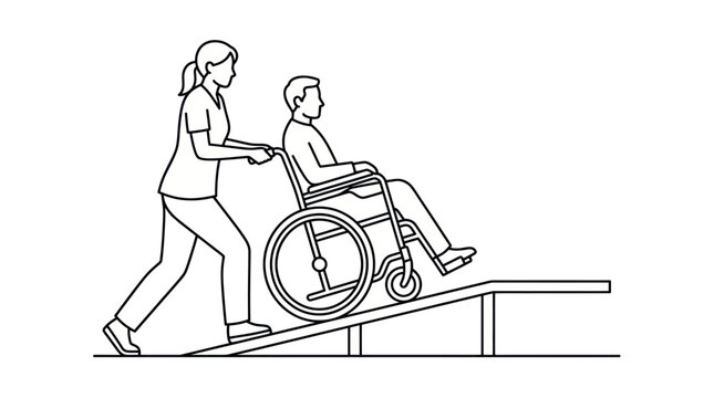 Caregiver pushing wheelchair up ramp line art