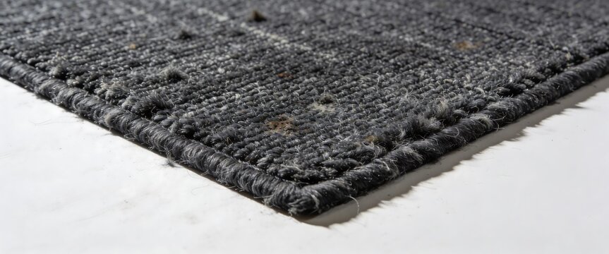 Macro view of dirty grey carpet corner with dust and stains