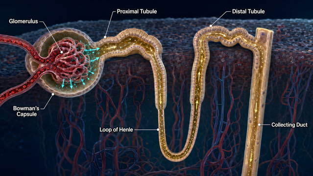 Anatomical diagram illustrating renal nephron filtration process within biological tissue structure for medical educational purposes with presents medical visualization