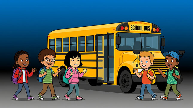 Happy cartoon school children with backpacks boarding a yellow school bus