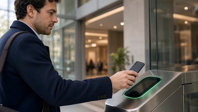 Professional Man Using a Smartphone for Contactless Office Building Entrance Access