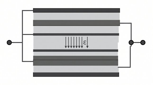 Capacitor dielectric electric field diagram showing parallel plate layers and physics symbol