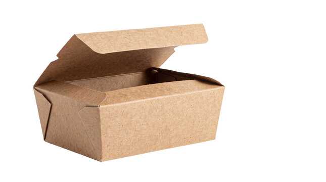 Brown kraft paper food box with open lid, eco-friendly cardboard takeout container, sustainable disposable packaging for catering isolated PNG with Transparent Background