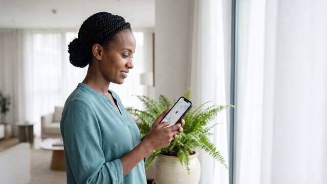 Woman tracking online package delivery on smartphone by apartment window - shipment tracking, e-commerce order updates and digital shopping experience