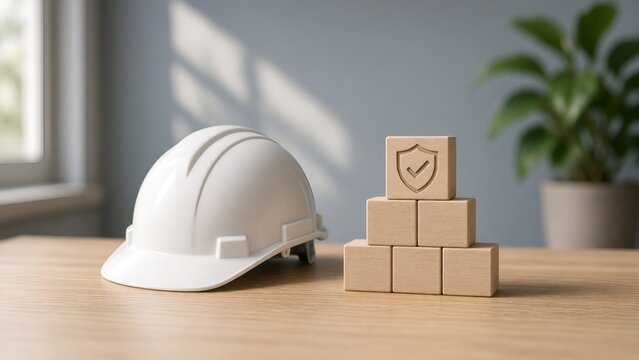 White Safety Helmet Beside a Stack of Wooden Cubes Symbolizing Risk and Quality Assurance